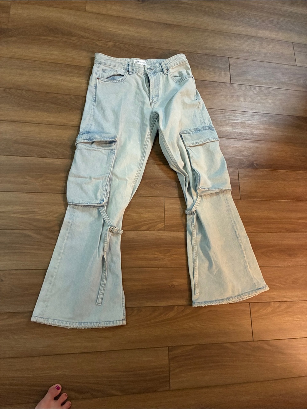 Zara Pale Blue Cargo Flare Jeans with Strap Details